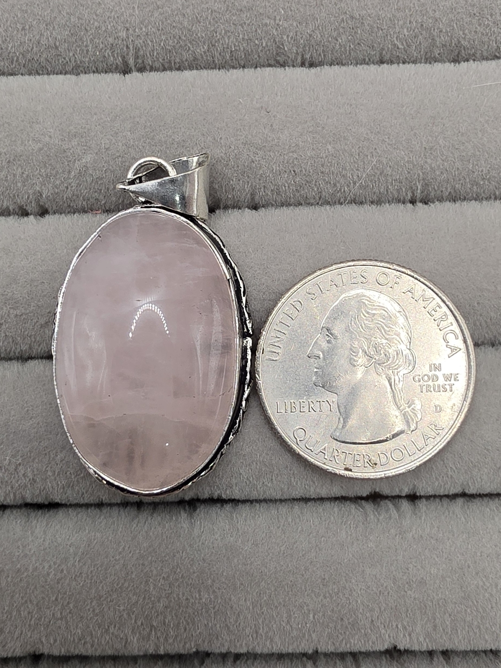 Silver Plated Rose Quartz Oval Pendant - Pink Gemstone Necklace